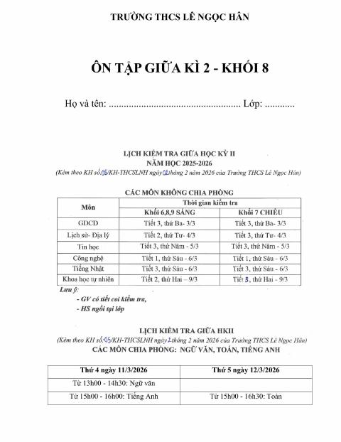 Đề cương giữa kỳ 2 Toán 8 năm 2025 – 2026 trường THCS Lê Ngọc Hân – Hà Nội